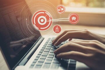 Hands typing on a laptop with digital interface overlay