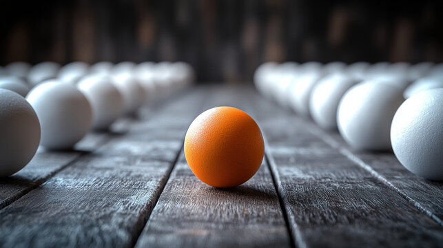 A single orange sphere stands out prominently amongst many identical white spheres arranged on a rustic wooden surface creating a striking visual metaphor for individuality and