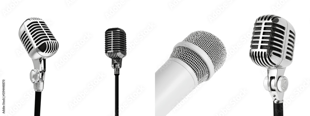 Poster different styles of isolated minimalist microphone mockups for creative projects and designs