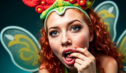 a woman in a green dress with a flower crown on her head