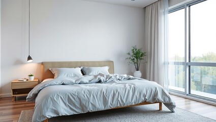 Obraz premium Modern Minimalist Bedroom, Comfortable Sleep, Cozy Space
