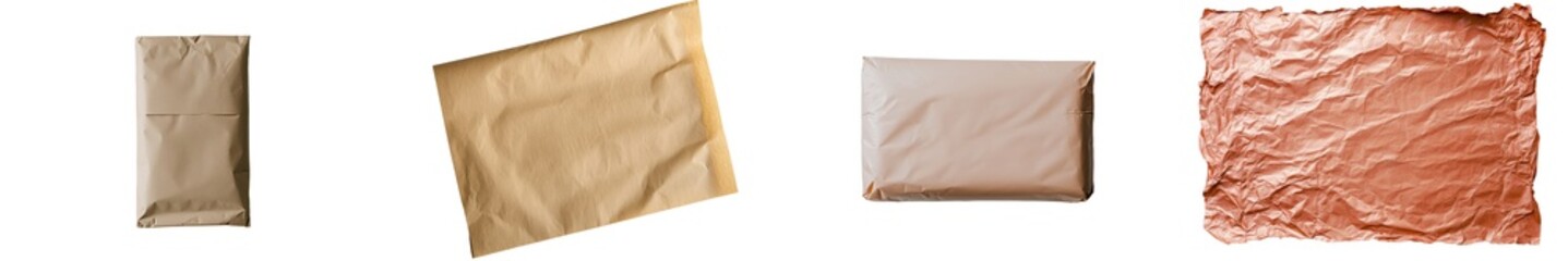 Fototapeta premium Isolated minimalist mockups of different brown paper packaging materials on a white background showcasing varying textures and shapes