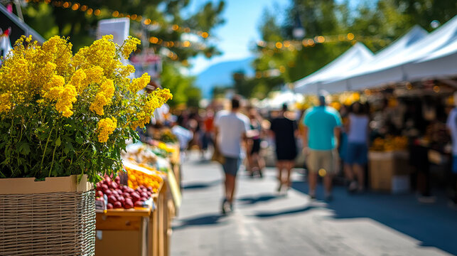 Vibrant Local Fair with Art and Food Stalls Under Sunlit Awnings, Shallow Depth of Field