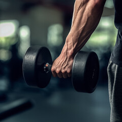 Close-up of a hand with a dumbbell. You can see the tense muscles of the hand and forearm holding a black dumbbell. 