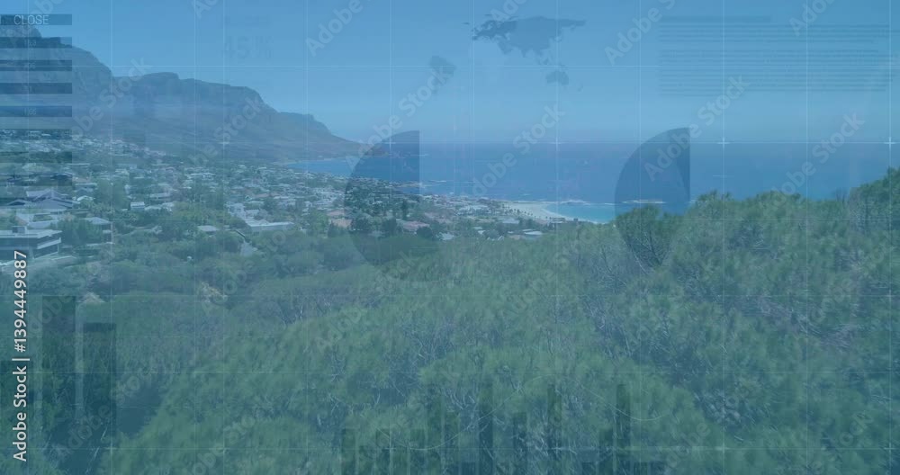 Aufkleber coastal landscape with data processing animation over ocean and greenery