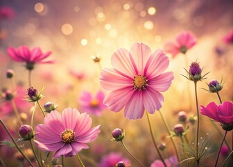 Delicate Pink Cosmos Flowers in a Blurry Vintage Field A Soft Floral Escape for Your Design Inspiration
