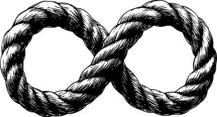 Detailed black and white illustration of an infinity symbol formed by a twisted rope knot. Represents connection, strength, eternity, and nautical or rustic themes.