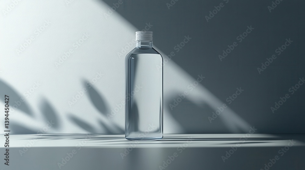 Poster a clear water bottle stands alone on a minimalistic surface, casting soft shadows and reflecting nat