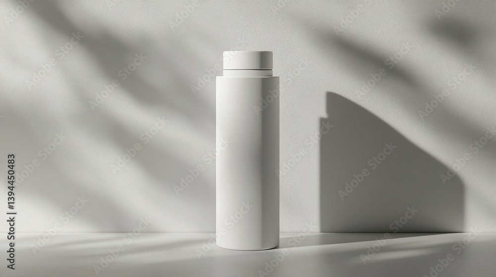 Poster a minimalist white container stands against a textured background, casting soft shadows, embodying s
