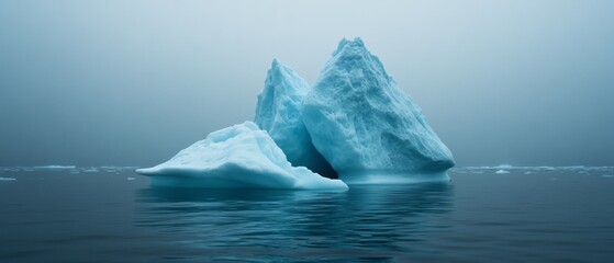 Majestic icebergs float serenely in a calm, misty sea under a soft, gray sky.