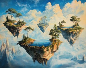 Fantasy landscape with floating islands in the sky
