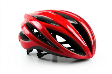 Isolated shiny red bicycle helmet with black accents on a white background
