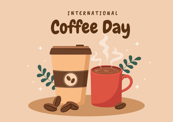 Festive vector design for International Coffee Day featuring coffee cups, beans, and vibrant colors.