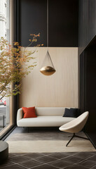 Modern interior design with seating area and natural elements in an urban setting