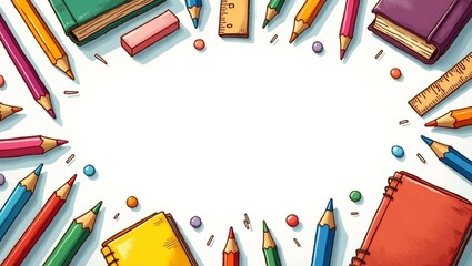 A hand-drawn style background featuring colorful school supplies like pencils, rulers, erasers, and books scattered on a white backdrop.