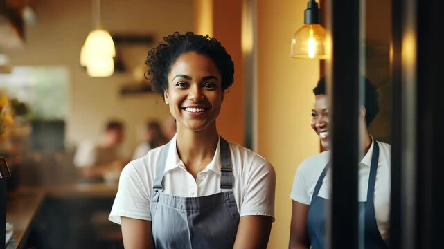 Portrait of a happy owner standing at the door of cefe shop, a cheerful adult waiter waiting for customers at a coffee shop, successful small business owner, professional, service