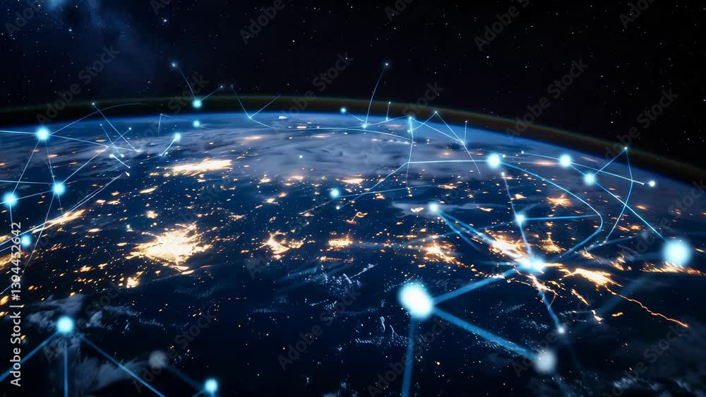 Fototapete planet with a network of lines connecting it to other planets. connections system and global datas e