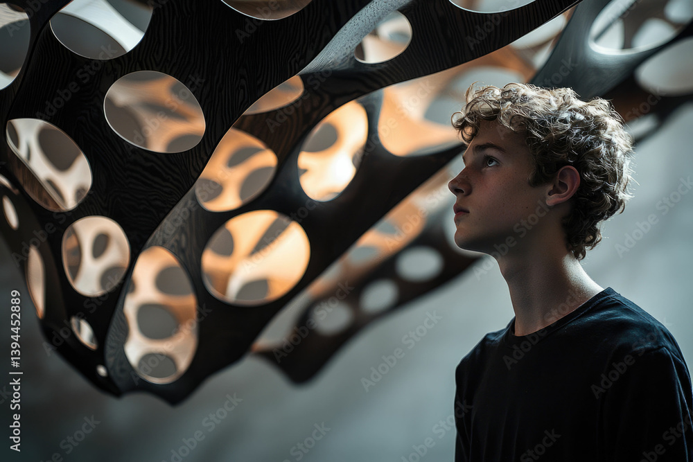 Poster A young man gazes up at a modern, patterned architectural design with curiousity and wonder, illuminated by warm light from circular openings.