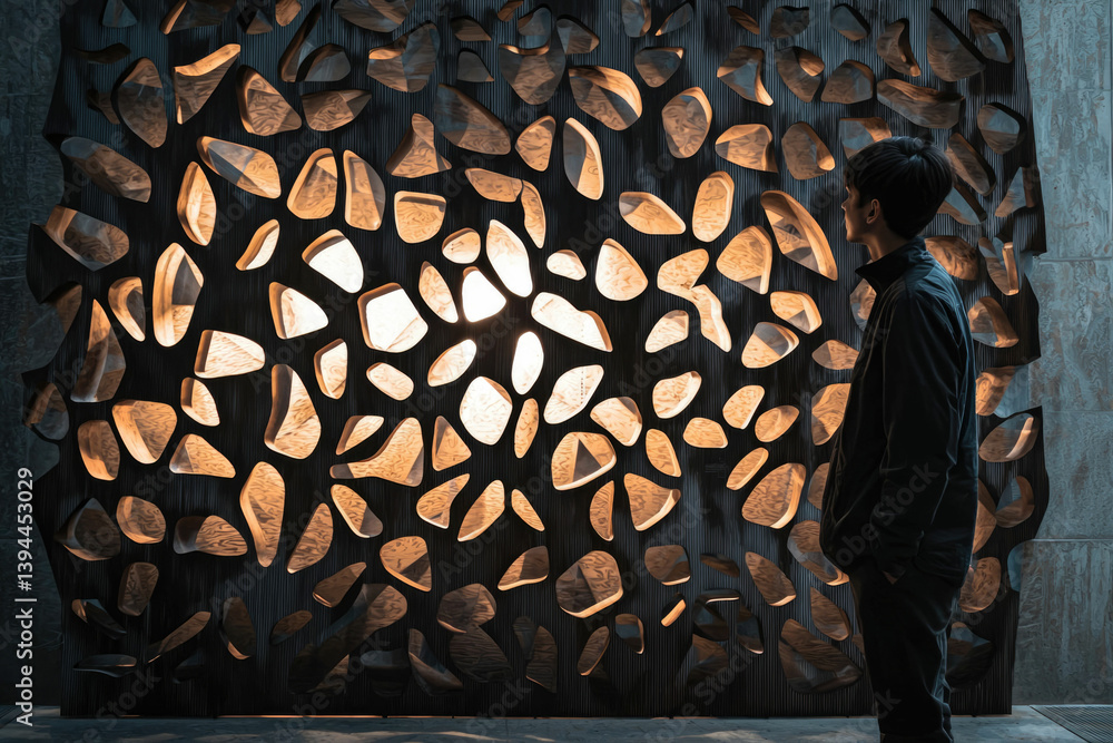 Poster A man gazes at a wall art piece with abstract, lit shapes, creating a dynamic visual display in a dim space.