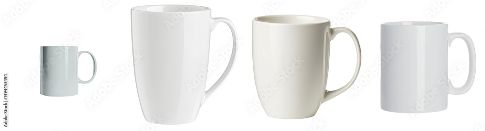 Poster minimalist isolated mockups of various white mugs showcasing different sizes and shapes for design i