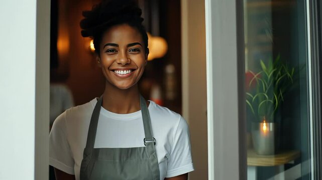 Portrait of a happy owner standing at the door of cefe shop, a cheerful adult waiter waiting for customers at a coffee shop, successful small business owner, professional, service
