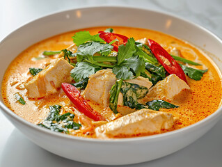 Fototapeta premium A vibrant bowl of creamy red Thai curry features tender tofu chunks, vibrant spinach, and sliced red chilies garnished with fresh cilantro in a closeup overhead shot.