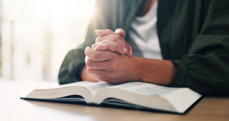 Bible, hands and person praying with book in spiritual religion for peace, guidance or learning....