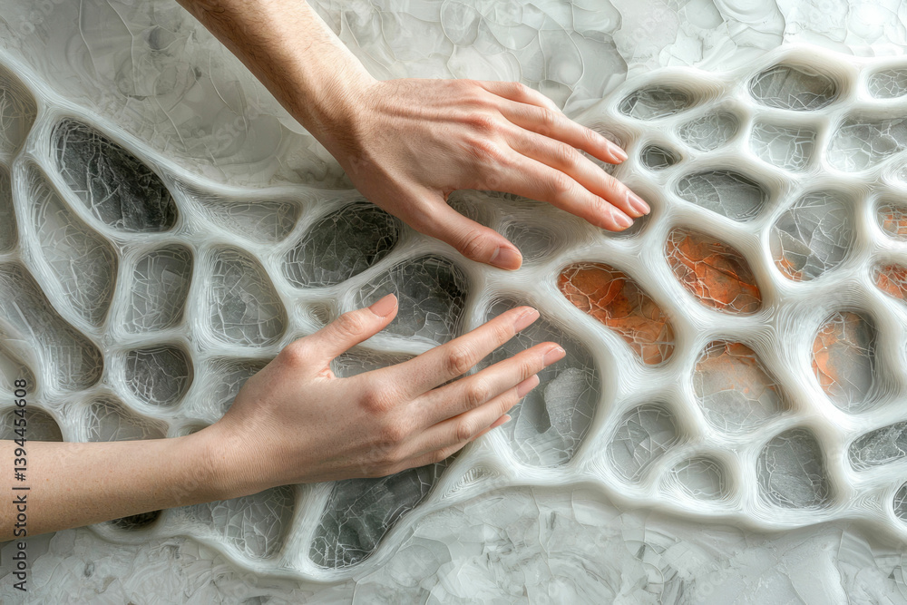 Poster Hands delicately touching a textured, organic surface with a cell-like pattern and varied earthy tones, creating a visually intriguing and tactile experience.