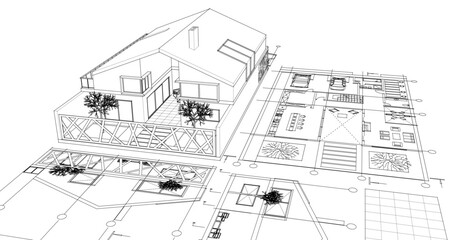 house architectural project sketch 3d illustration	
