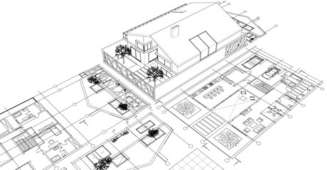 house architectural project sketch 3d illustration	

