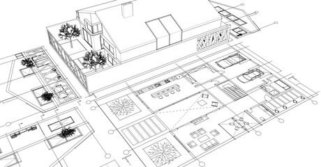 house architectural project sketch 3d illustration	
