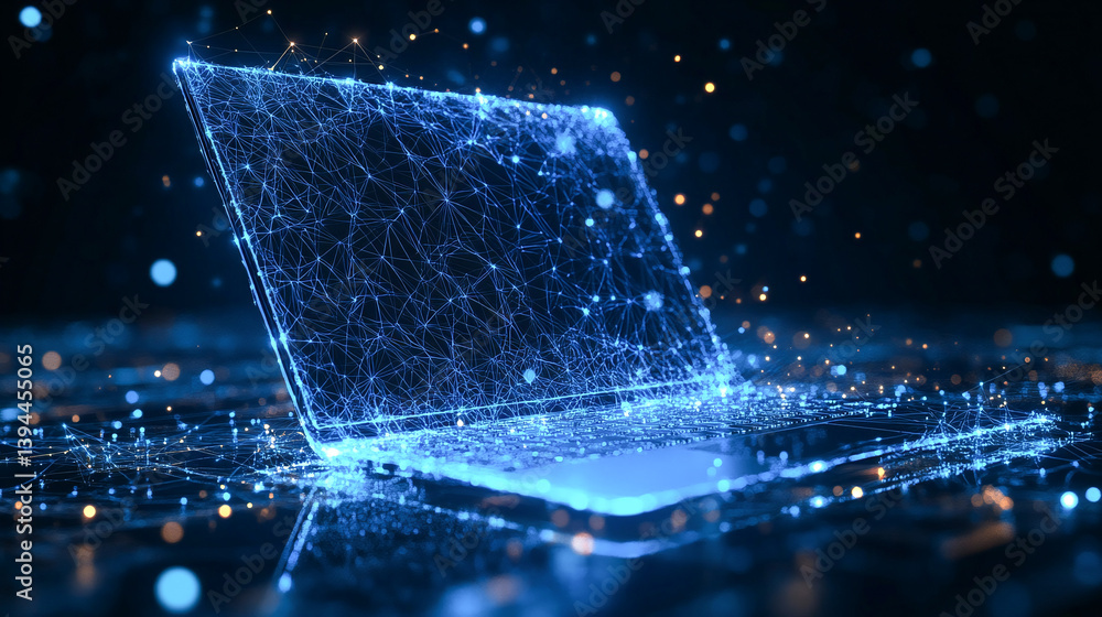 Poster an abstract laptop design is presented in a low poly style, featuring a blue geometric background wi