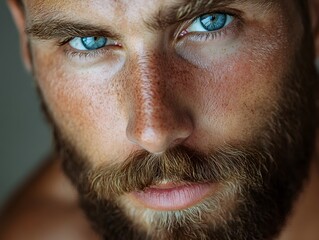 Man with a beard and blue eyes is the subject of the image. The man's facial hair is prominent, and his eyes are a striking shade of blue. Scene is one of confidence and masculinity