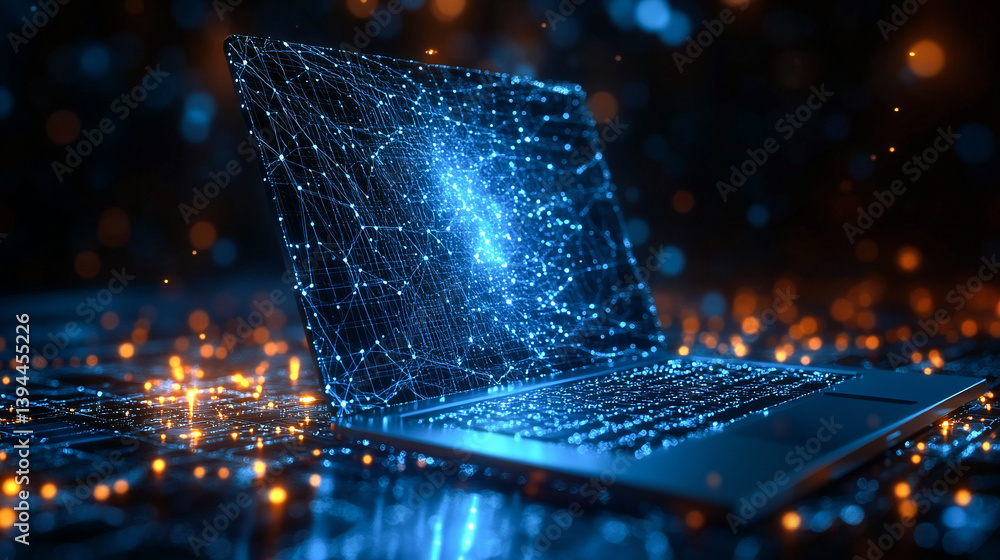 Poster an abstract laptop design is presented in a low poly style, featuring a blue geometric background wi