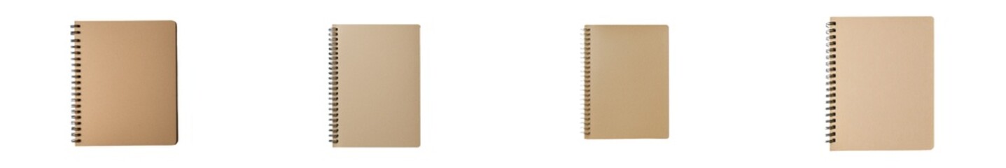 Isolated minimalist mockups of blank spiral notebooks with neutral tones showcasing empty covers and clean designs