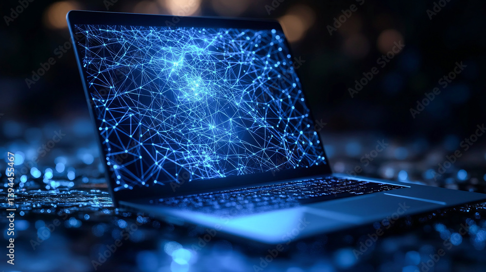 Poster an abstract laptop design is presented in a low poly style, featuring a blue geometric background wi