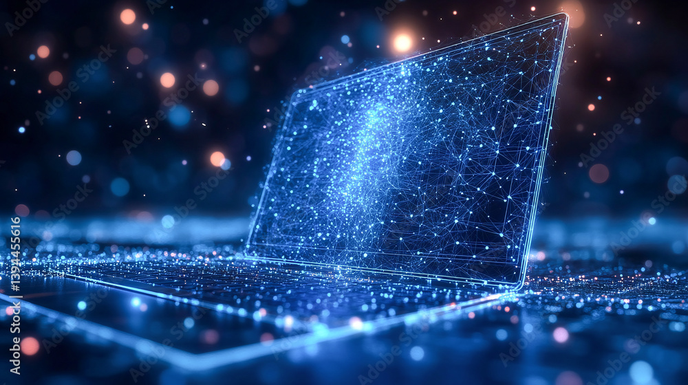 Poster an abstract laptop design is presented in a low poly style, featuring a blue geometric background wi