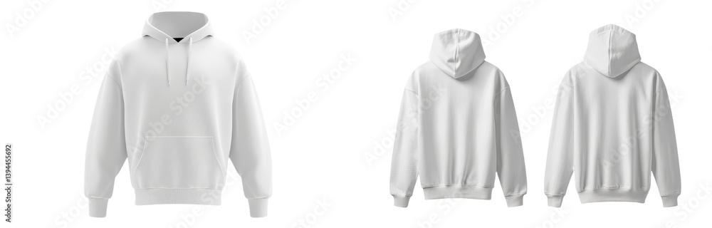 Poster minimalist mockups of a plain white hoodie featuring front, back, and side views for design presenta
