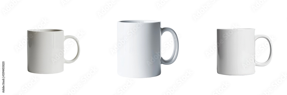 Poster minimalist mockups showcasing three isolated white coffee mugs with varying sizes on a plain backgro