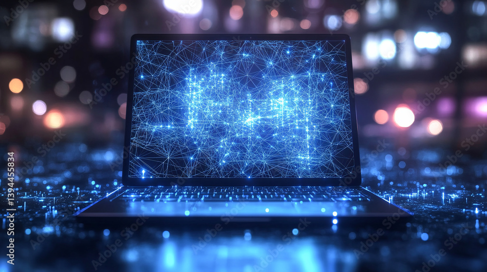 Poster an abstract laptop design is presented in a low poly style, featuring a blue geometric background wi