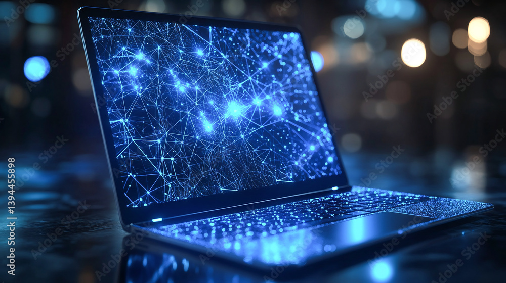 Poster an abstract laptop design is presented in a low poly style, featuring a blue geometric background wi