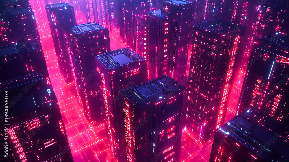 Poster an isometric view showcases a server room and big data processing concept, featuring a datacenter an