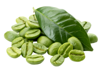 Green coffee beans with leaf isolated on transparent background.
