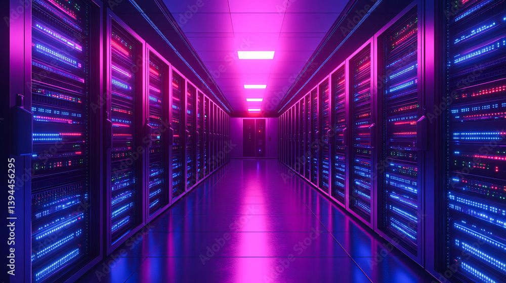 Poster an isometric view showcases a server room and big data processing concept, featuring a datacenter an