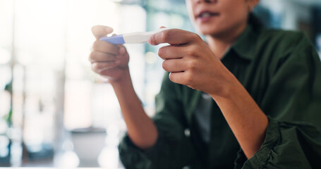 Home, hands and woman with pregnancy test, stress and overwhelmed with negative fertility result....
