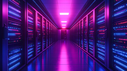 Fototapeta premium An isometric view showcases a server room and big data processing concept, featuring a datacenter and digital information technology against a neon dark gradient background.