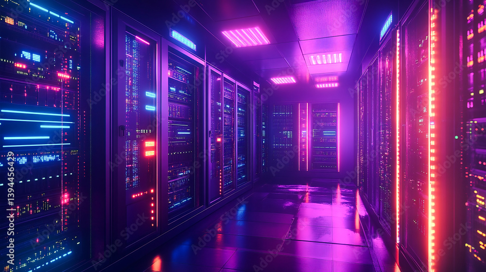 Poster an isometric view showcases a server room and big data processing concept, featuring a datacenter an
