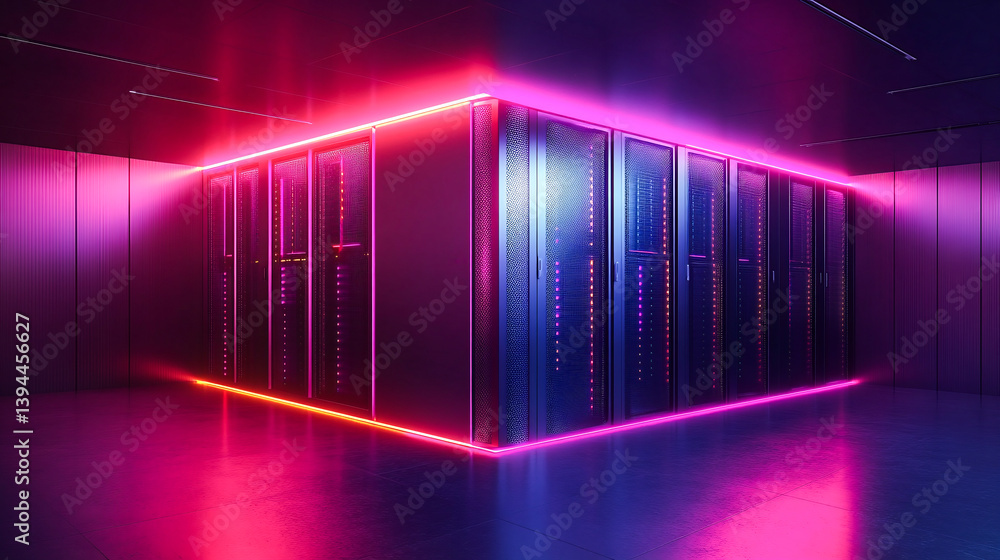 Poster an isometric view showcases a server room and big data processing concept, featuring a datacenter an