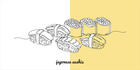 japonese sushis continuous single line art drawing sketch on white background