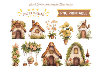 Set of Brown Fairy House with Flowers in Watercolor Style Isolated on White Background